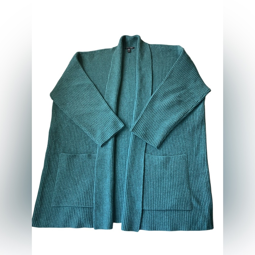 Eileen Fisher Cashmere Open Front Teal Ribbed Cardigan With Pockets